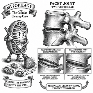 Illustration for A Tiny Mitochondrial Cleanup Crew May Help Slow Facet Joint Osteoarthritis